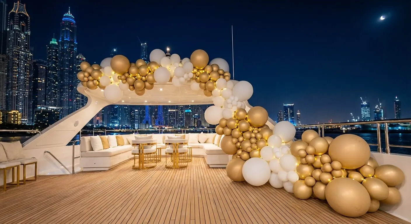 Birthday party yacht rental Dubai with decorations and catering